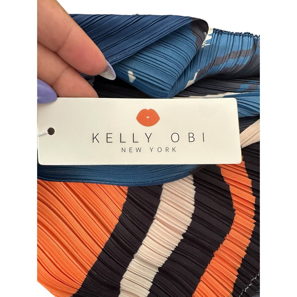 New with Tags Kelly Obi New York Orange Blue‎ Accordion Stretch Party Midi Dress - Picture 2 of 9